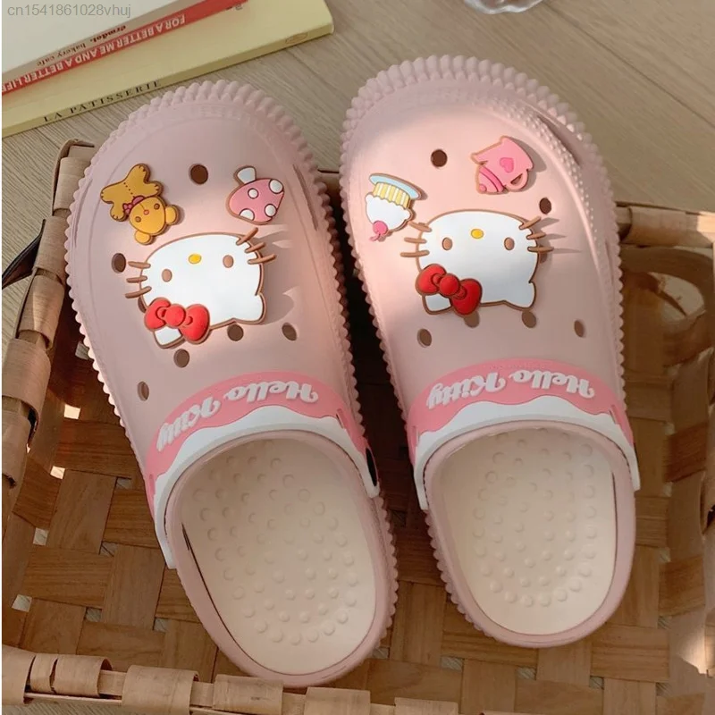 Sanrio Cute Hello Kitty EVA Hole Shoes Women Summer Outdoor Anti Slip Thick Bottom Beach Slippers Lolita Y2k Girls Charms Shoes