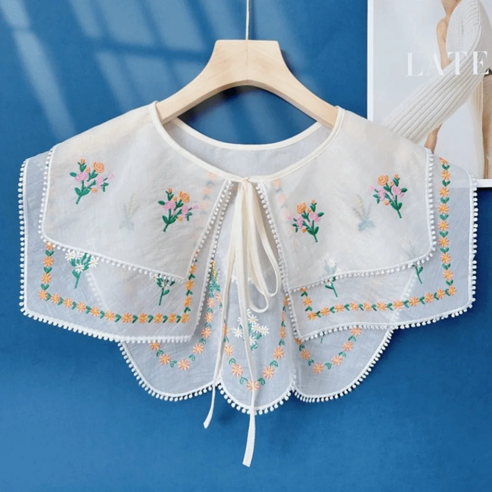 Cape Embroidered Floral Fake Collar Embroidery Countryside Style Small Shawl Double-layer Cloak Doll Lapel Scarf Accessories