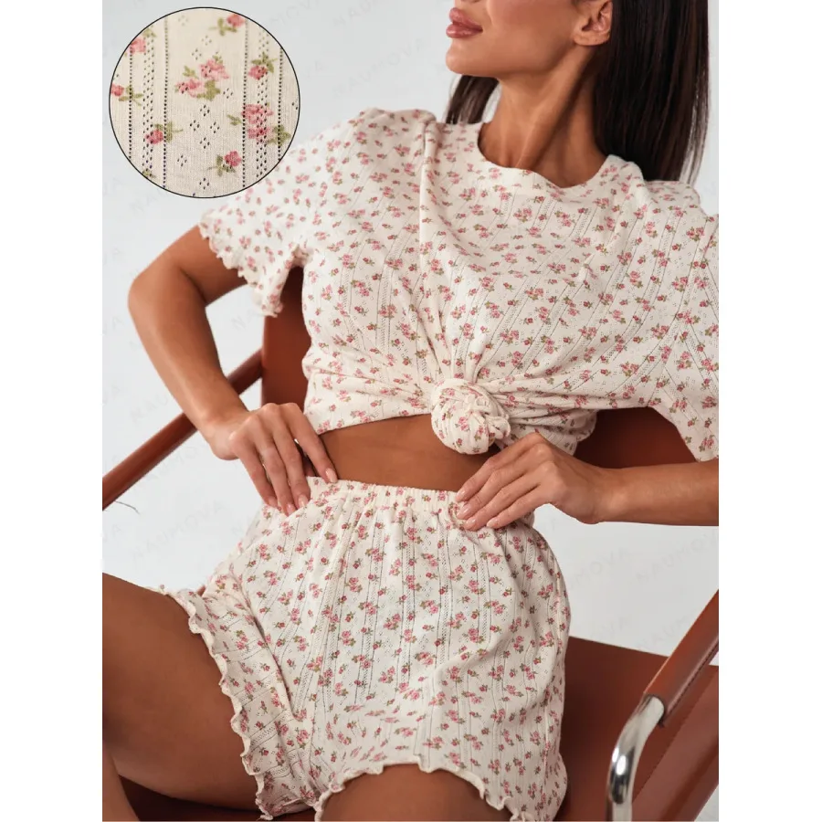 

Женская летняя одежда для сна и домашняя одежда в американском стиле, повседневные шорты с короткими рукавами и цветочным принтом из молочного шелка, комплект одежды для сна