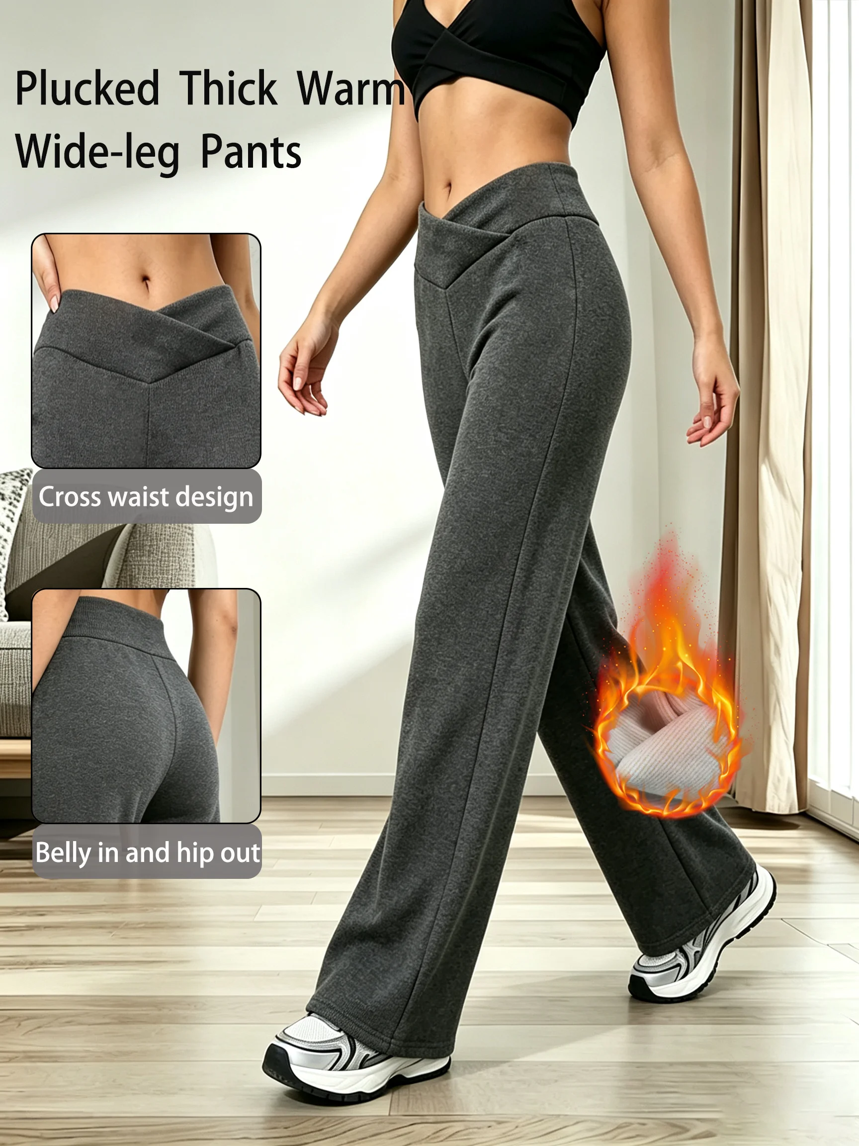 Women's Cross V Waist Fleece Lined Straight Yoga Pants, Tummy Control, Stretchy Wide Leg, Sports Casual Winter Warm Trousers