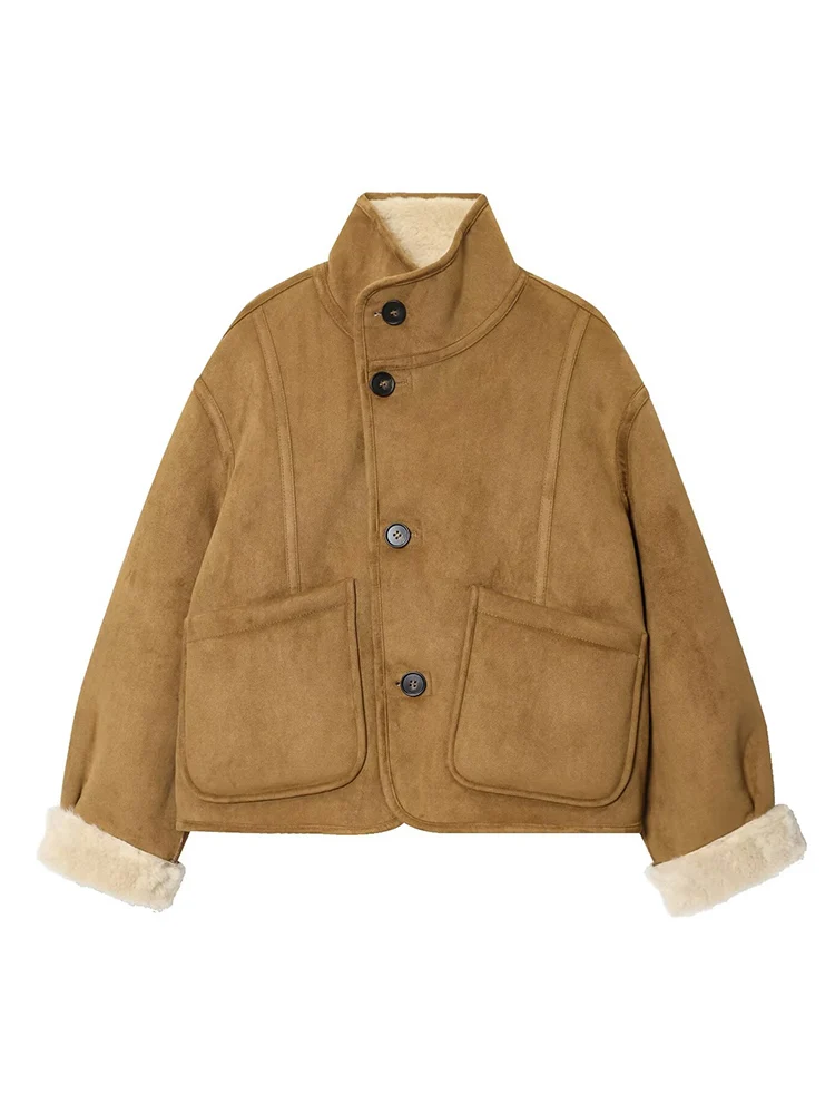 سترة صوف نسائية قابلة للعكس لعام 2025 تصميم جديد مزدوج الجوانب وأكمام طويلة وياقة واقفة وأزرار لأعلى معطف نسائي دافئ غير رسمي