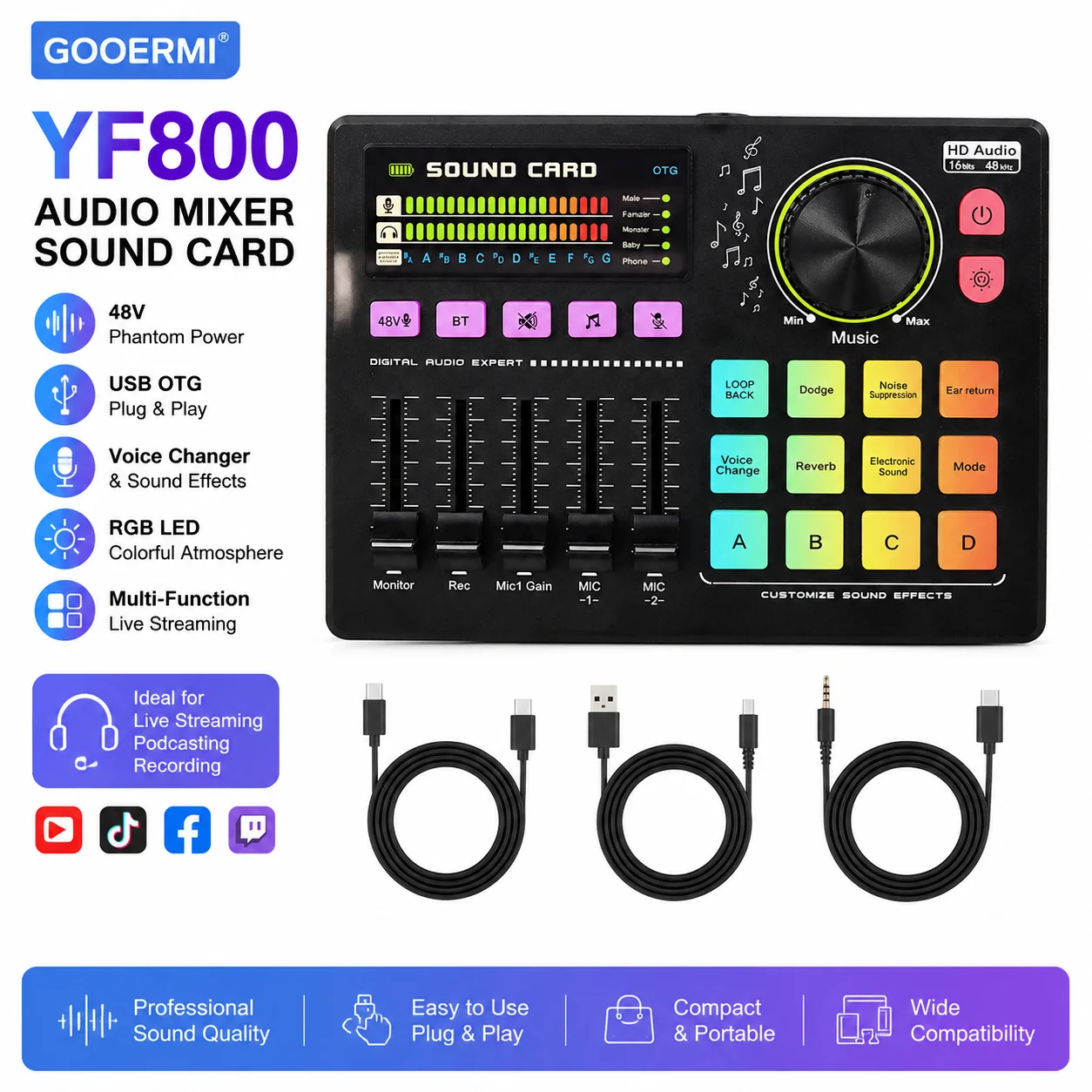 gooermi-yf800オーディオミキサーサウンドカード48vファンタム電源usb-otgオーディオインターフェースボイスチェンジャーrgb-ledエフェクトライブストリーミング用