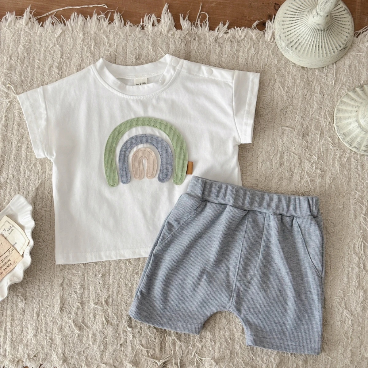 

Baby Summer Hot Tracksuits Cute Rainbow Embroidered Cotton T-shirt+Shorts Child New Casual Sports Clothes Sets Babies Fashion Se
