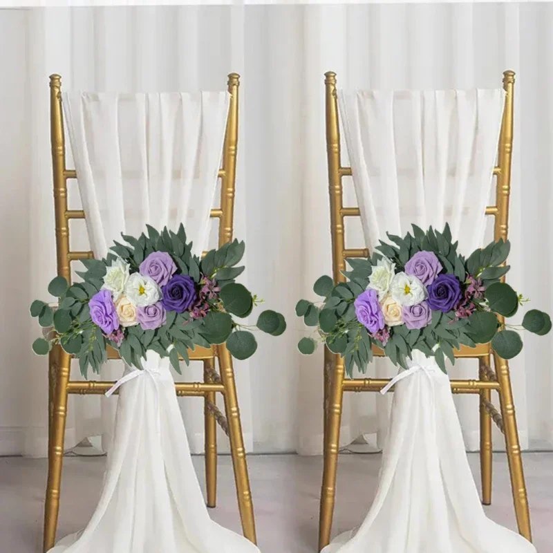 70x50CM Artificial Eucalyptus Purple Rose Chair Back Flower High-end Feeling Wedding Table Staircase Decoration Handmade DIY