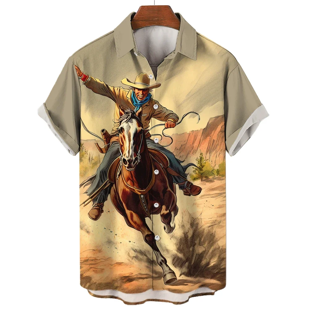 Retro Western Cowboy Men Car Girls Hawaiian Oversized Short Sleeve Shirt Street Luxury Tops Summer Clothing 3D Printed Clothing