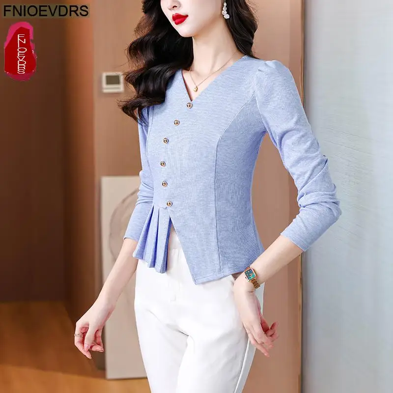 오피스 레이디 셔츠, 기본 착용, 긴 소매 단추 술 프릴 셔츠, 페플럼 탑 블라우스, 프랑스 디자인, 2025 용수철