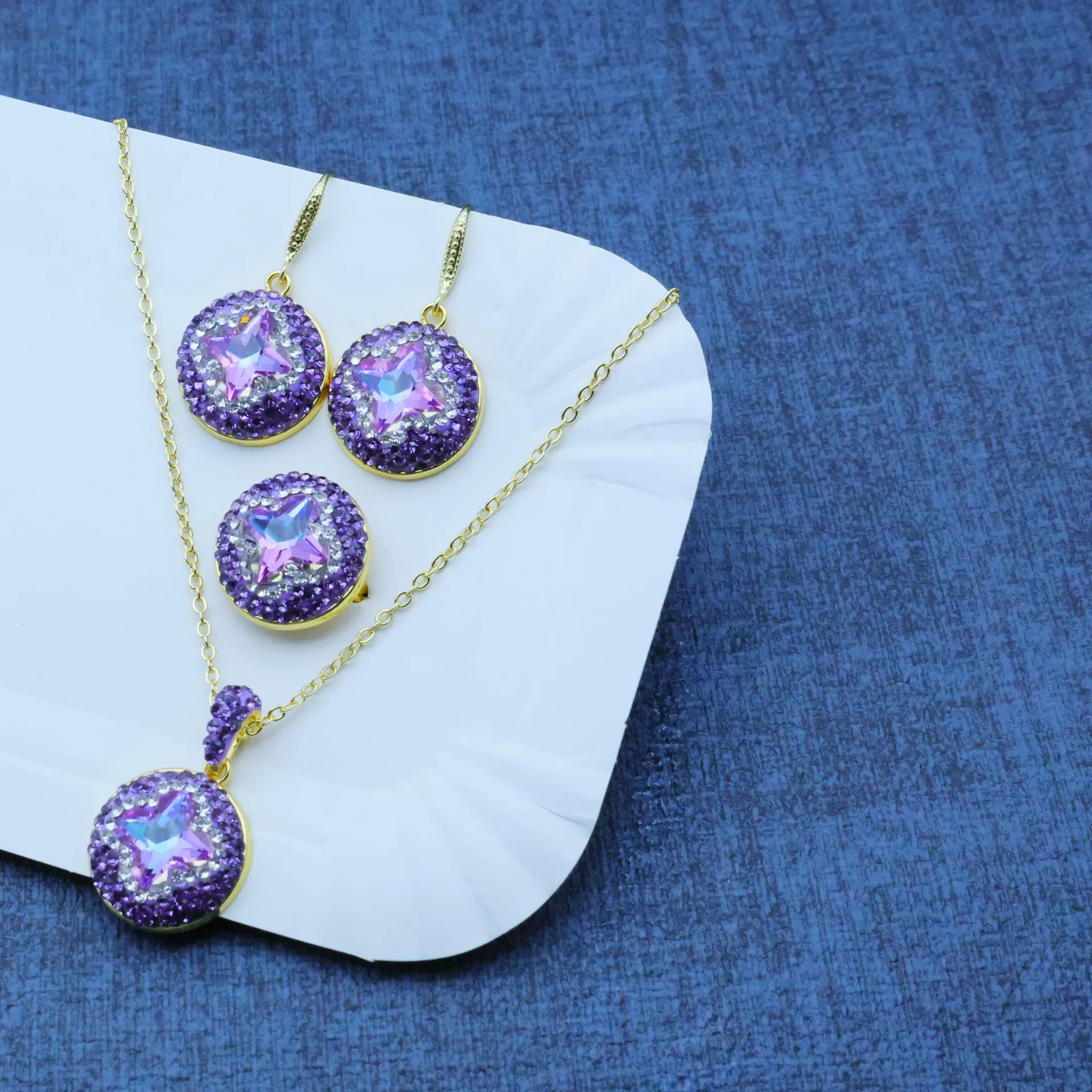 DIY accessories Simple niche design amethyst three-piece set full of diamonds design inlaid with versatile three-piece jewelry