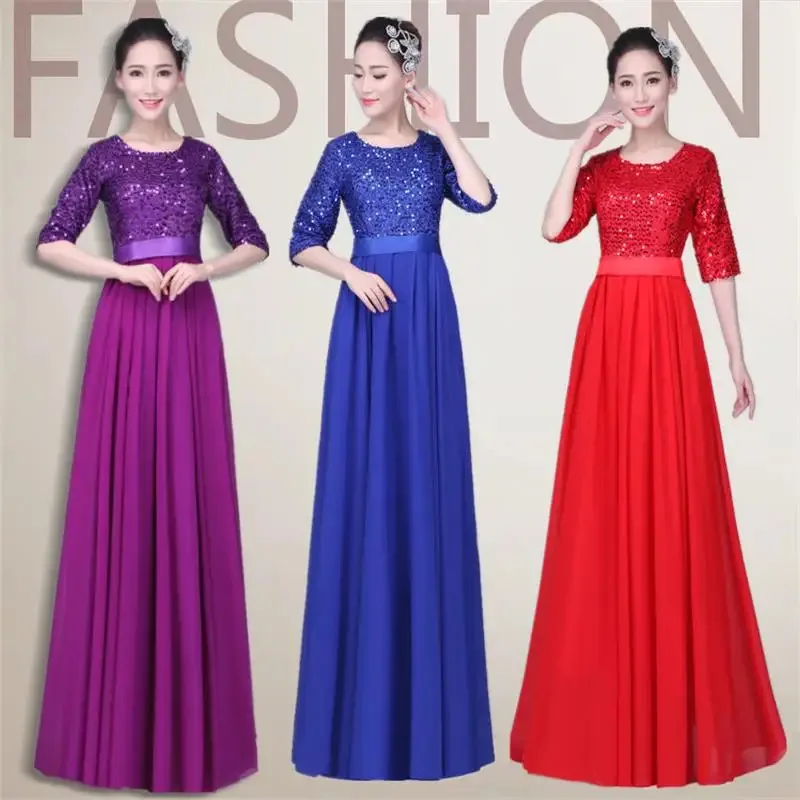 

Новые модные сценические костюмы для хора, женщины среднего возраста, поющая группа, расшитое блестками, длинное платье, одежда для выступлений