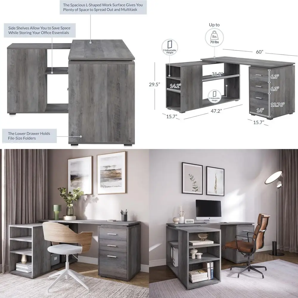 

60 Gray Wash L-Shaped Desk with Adjustable Shelves for Modern Home Office Setup