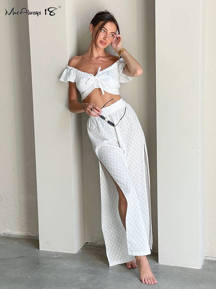 Mnealways18 Sexy Women Jacquard Two Piece Sets Vacation Outfit 2024 Ruched Lace-Up Top And Elastic Waist Pants Beach Suits White