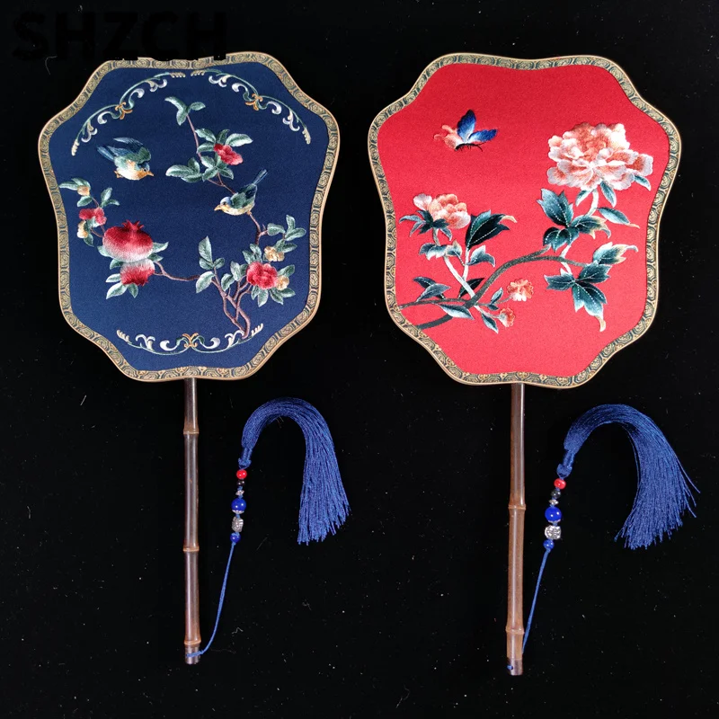 Suzhou Embroidery Double-sided Heterochromatic Decoration Round Fan Palace Fan Long Handle Chinese Style Stage Dance Fans ZB46