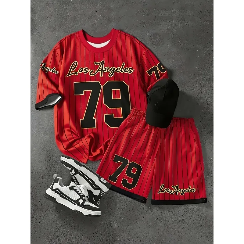 

Men's Casual Los Angeles Letter Design Paired with 79 Pattern 3D Printing Summer Outdoor Sports T-shirt Shorts Set
