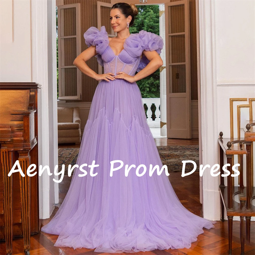 Aenyrst Purple Sweetheart Ruffles Prom Dresses A Line Tulle Evening Gowns Floor Length Wedding Party Dress Elegant فساتين السهرة