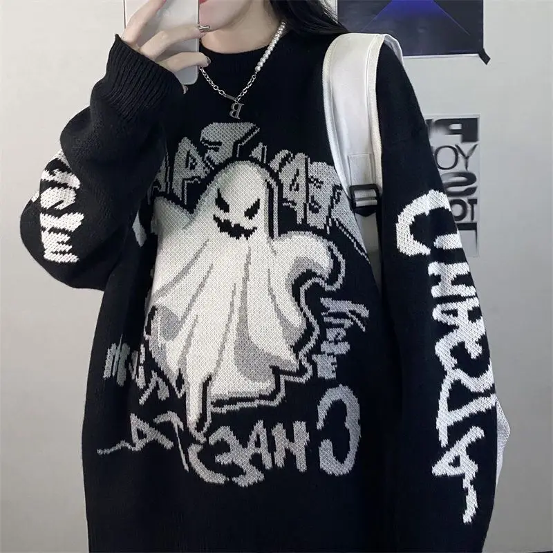 Deeptown Y2k Gothic Black Women Sweater Vintage Harajuku Oversized Japanese Fashion Knitted Pullovers Cartoon Print Autumn Ghost