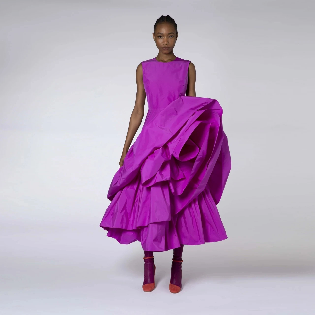 Sleeveless Crew Neck Evening Dress 3D Oversized Ruffle Tiered Midi A Line Runway Fashion Formal Party Gown for Women Customized