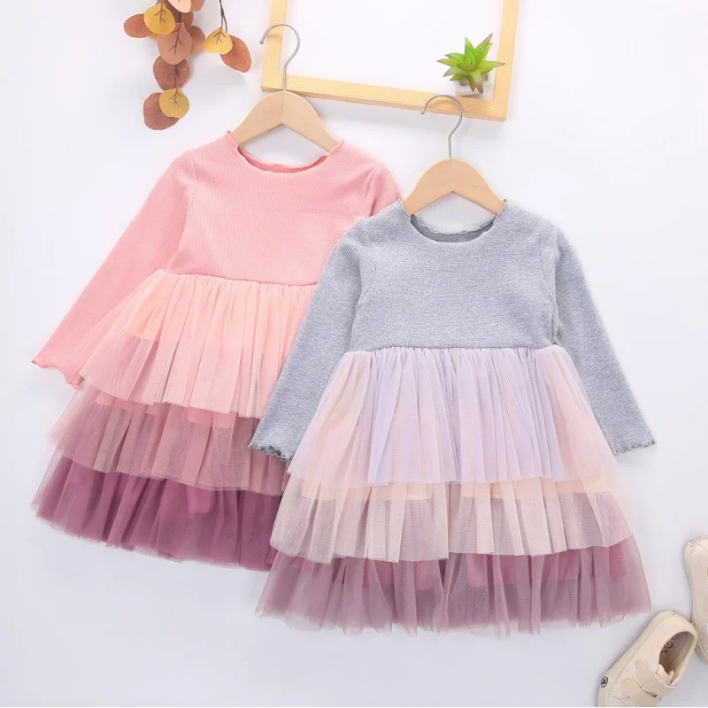 

2024Autumn New Girls Mesh Princess Dress Three-Layer Gradient Color Children Cake Dress