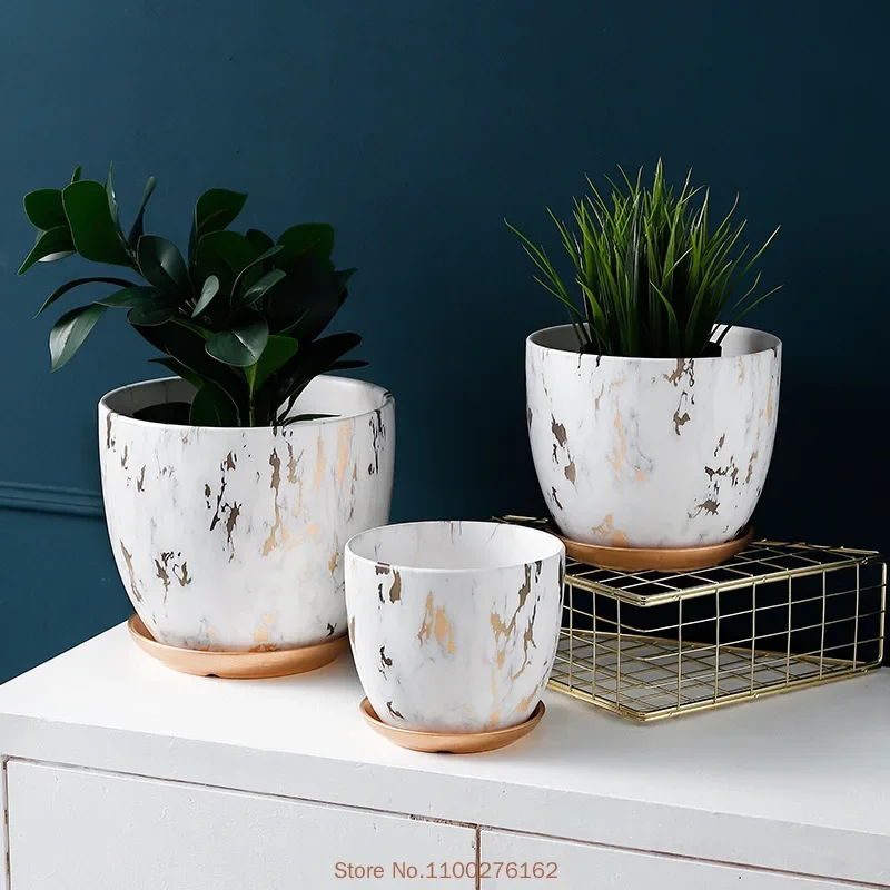 1pc Ceramic Flower Pot Marble Pattern Literary Flower Pot Modern Nordic Style