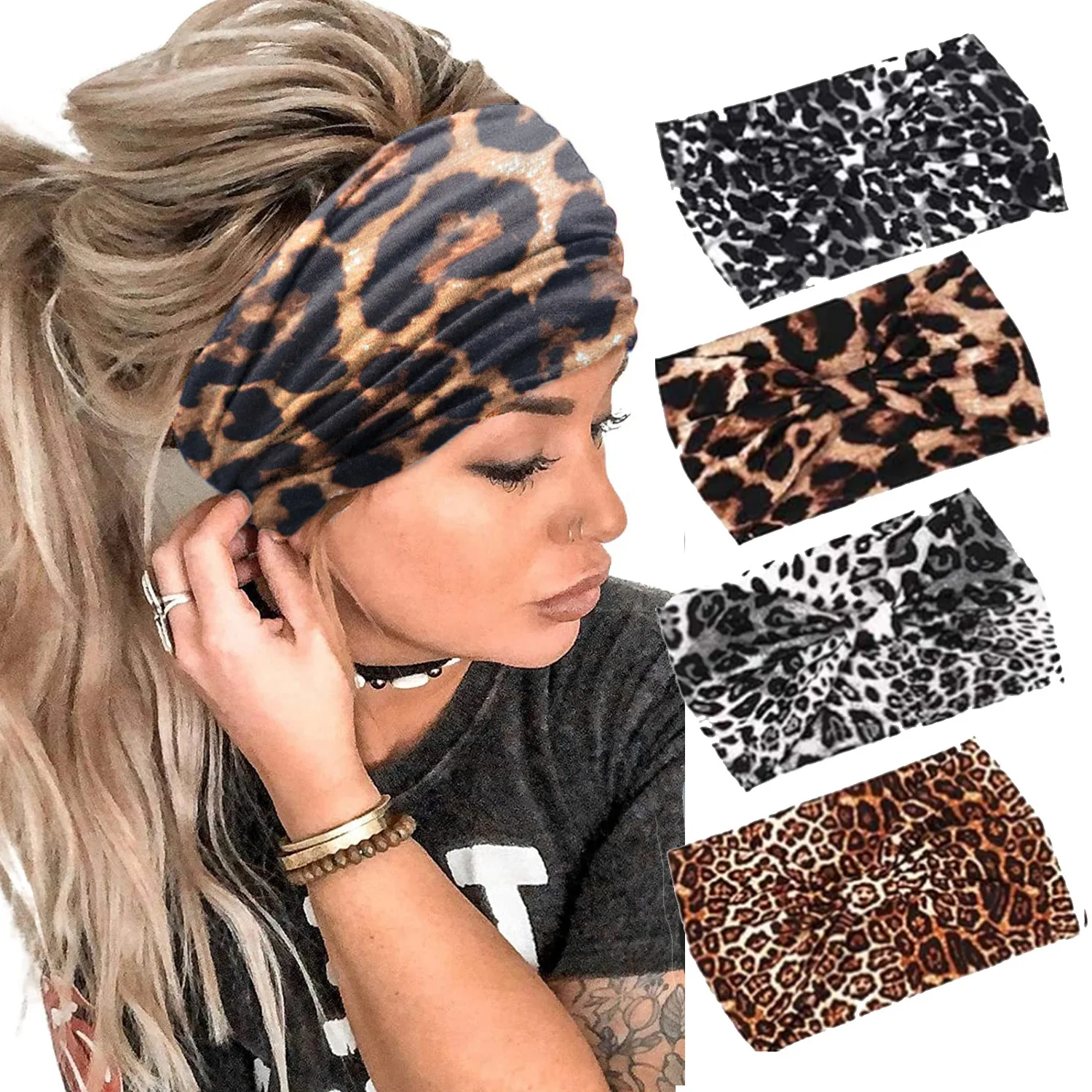 

5 шт./компл. женских повязок на голову с леопардовым принтом, эластичные повязки для волос для йоги и спорта, аксессуары для волос