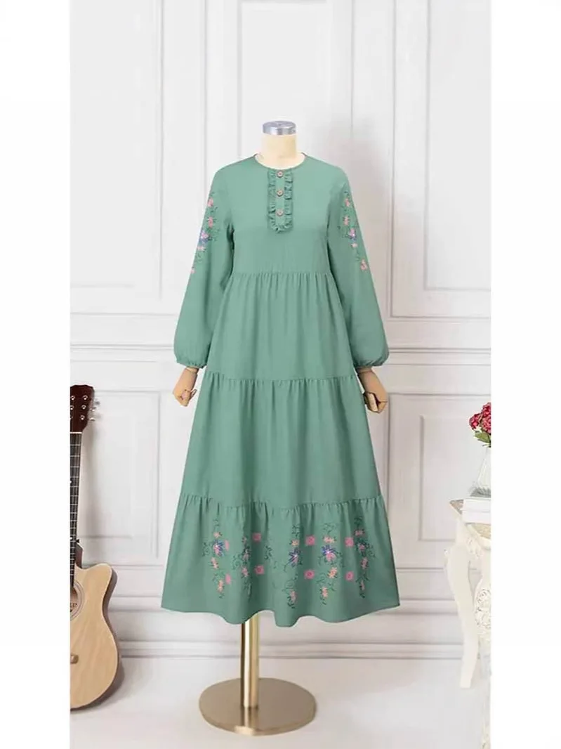 Vestidos muçulmanos da moda, bordados pesados, multicamadas, plissados, elegantes e elegantes, manga comprida, vestido maxi árabe