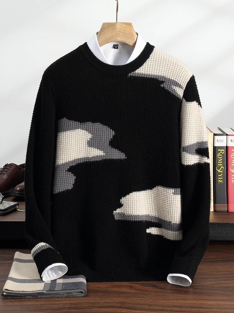 TLOML 신상 남성용 100% 캐시미어 스웨터 두꺼운 클라우드 자카드 O넥 풀오버 가을 겨울 캐시미어 니트웨어 캐주얼 부드럽고 따뜻한 상의