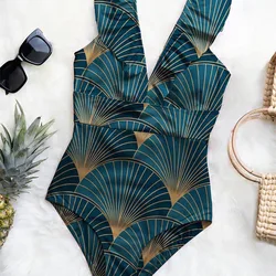 Blue Print One Piece Slim Bikini V-Neck Sexy Skinny Chic Beachwear Fashion Poolwear Women's Backless V-Neck Gathering Swimsuit