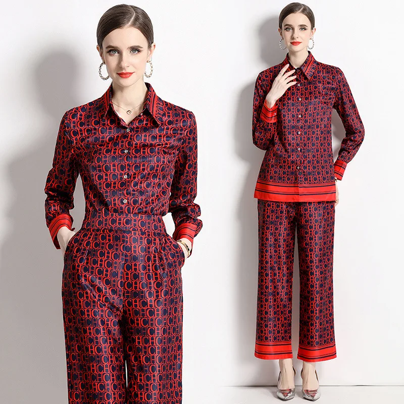 

CH Womens CHCH Letter Print Two Piece Outfit Long Sleeve Button Down Shirt Wide Leg Pants Set Casual Elegant Fashion