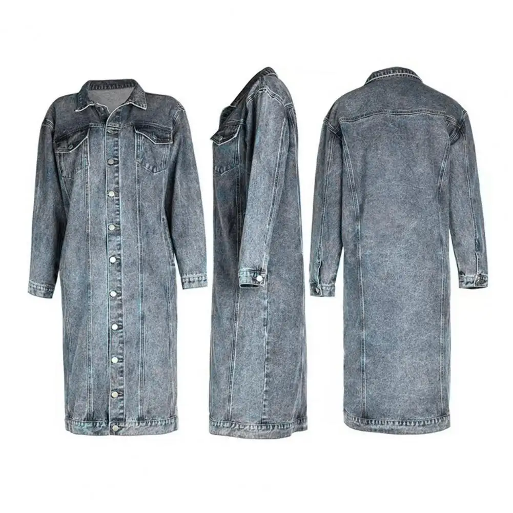 Washed Retro Classic Versatile Long Flared Denim Jacket Chest Flap Slim Fit Washed Denim Mid Length Retro Jacket Spring Jackets