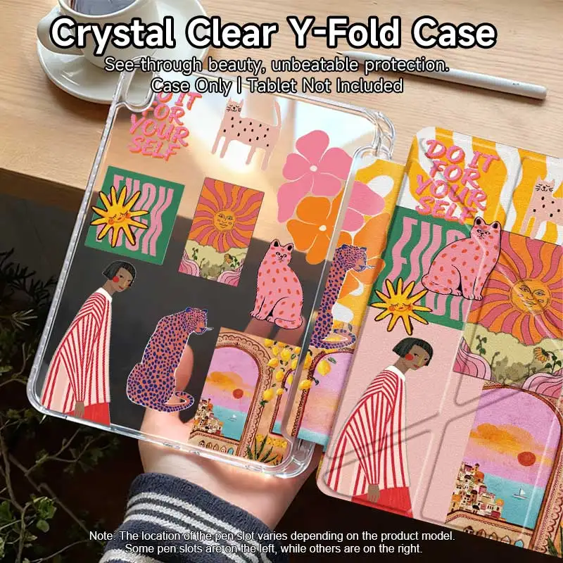 Y-Fold Stand Case for iPad A16 11th/10th Gen, 10.2/10.5, Mini 6/7, Air 4/5/6/7, Pro 11, Clear Acrylic Back Shockproof Cover
