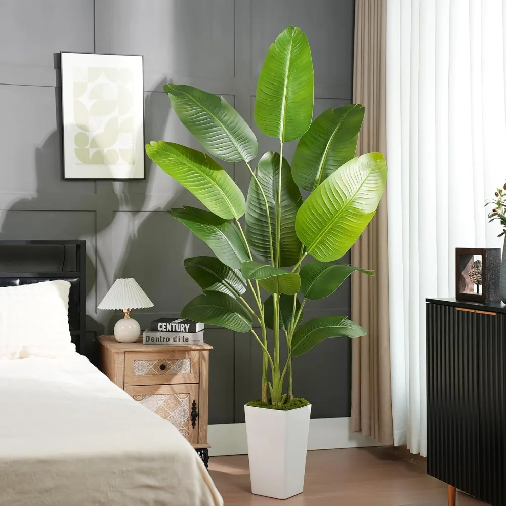 

A 7-foot Long Artificial Banana Leaf Tree, Paired with A Tall White Flowerpot, Used for Home Decoration - Perfect Indoor Silk