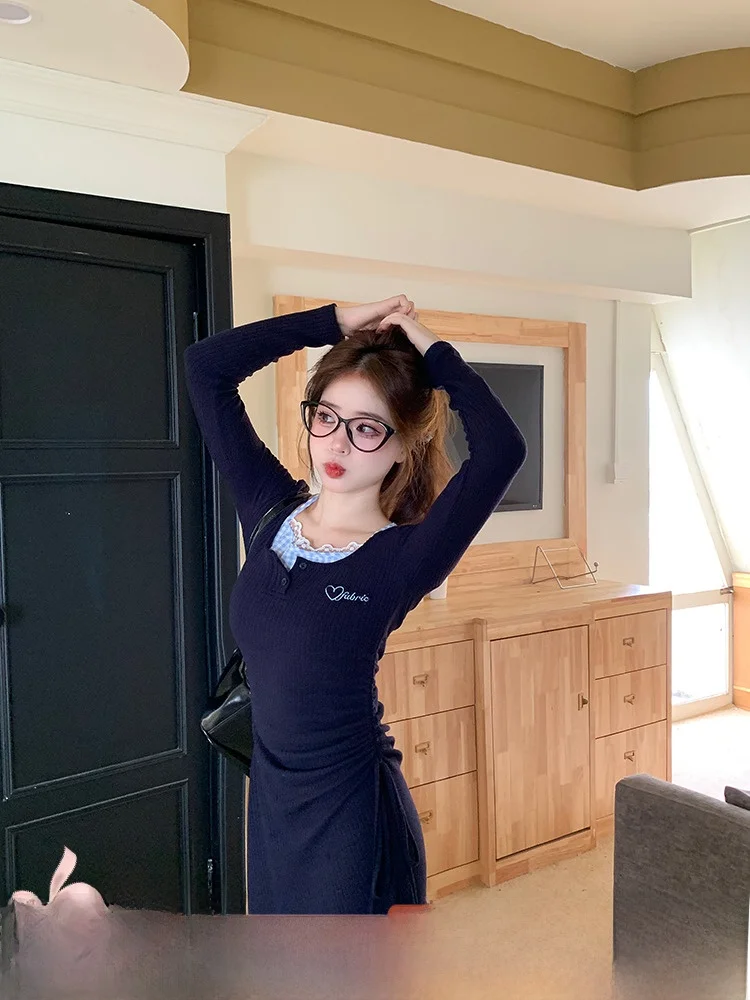 

Женское облегающее трикотажное платье Pure Desire с длинным рукавом и короткой юбкой из ткани Pig Sea Salt Sweetheart для ранней весны