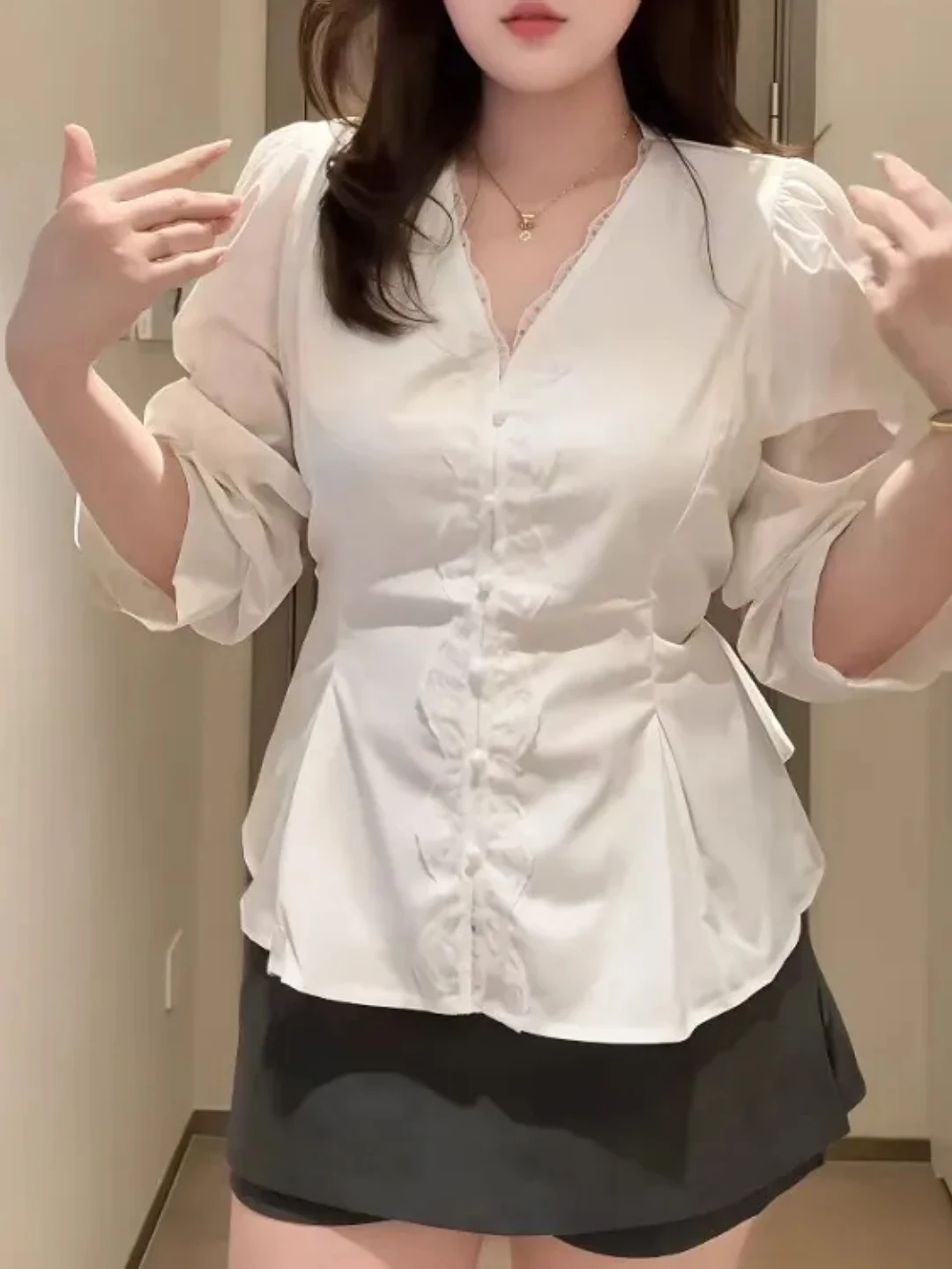 

plus Size Women's Lace Splice Long Sleeve Shirt Summer Slimming Blouse Gathered Waist Simple Style Top Korean Version Polyest...