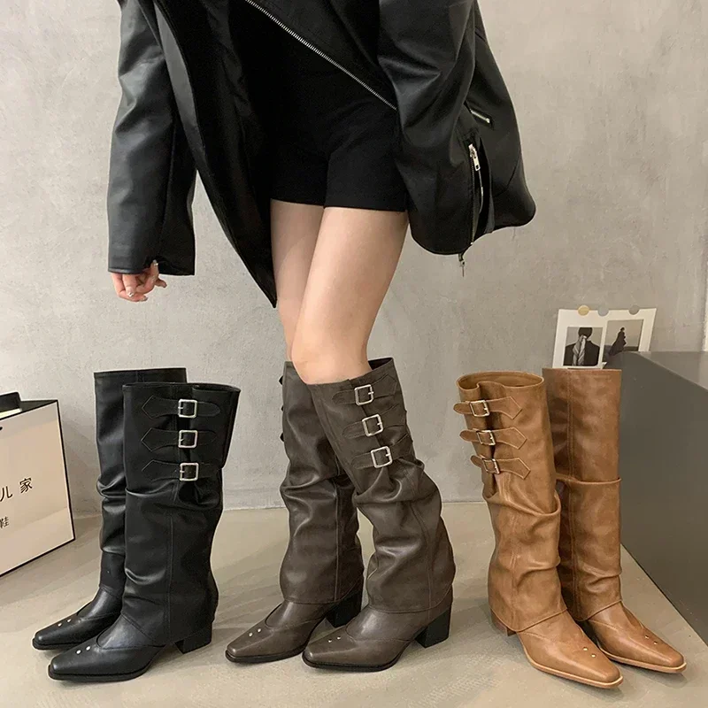 

Designer Autumn Cowboy Boots For Women Fashion Slip On Long Knight Boots Female Square High Heel 2024 Winter Footwear