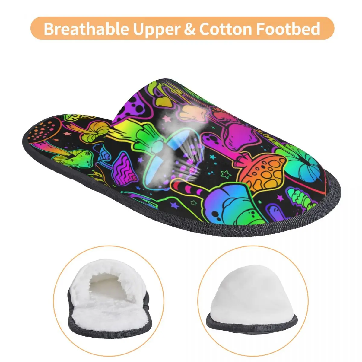 Winter Women Men Non-Slip Flat Slippers Psychedelic Mushrooms Print Indoor Fur Soft Warm Shoes