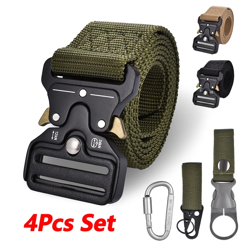 Quick Release Tactical Belts Men Canvas Waistband with Water Bottle Hanging Hook Carabiners Outdoor Hunting Gear Kit