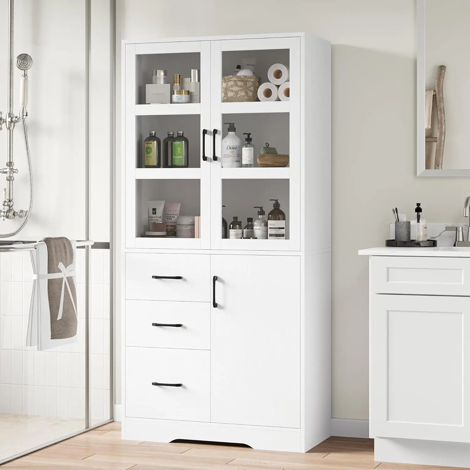 Tall Bathroom Storage Cabinet, Modern Linen Cabinet with 2 Glass Display Doors & Shelves & Drawer, 67” Tall Cabinet Freestanding