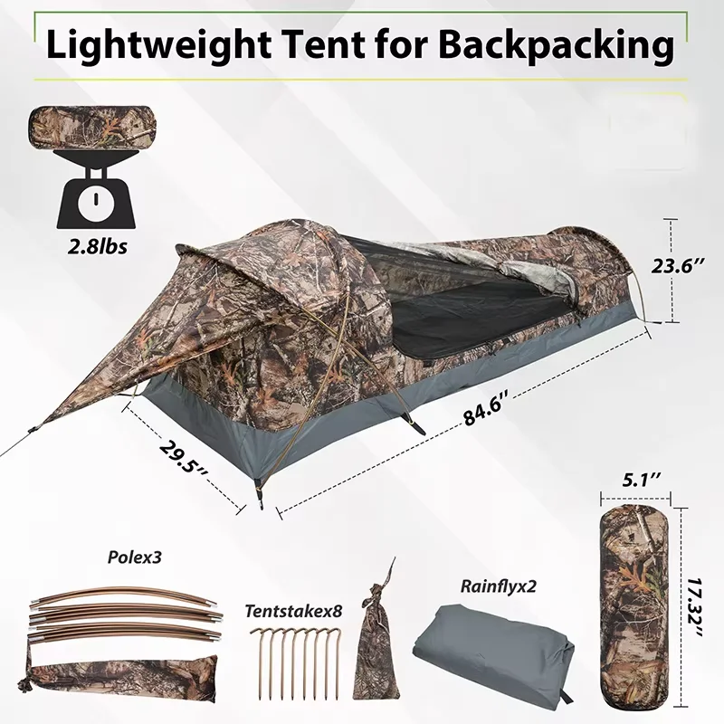 

Камуфляжная туннельная палатка для одного человека, палатка для кемпинга на открытом воздухе, портативная легкая непромокаемая нейлоновая ткань, алюминиевый шест, двойная молния