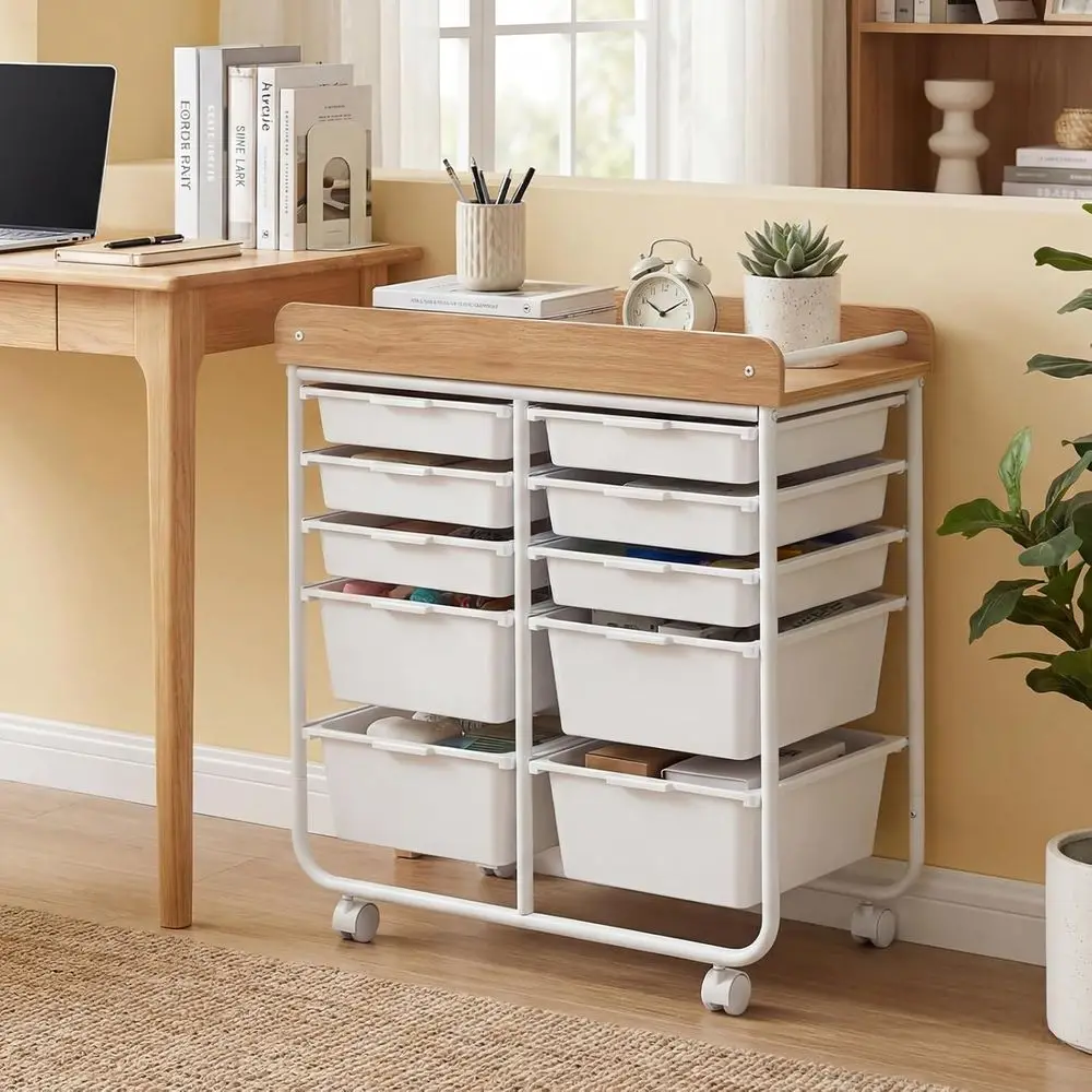 10-Drawer Rolling Storage Cart with Wooden Top, Metal Frame and Lockable Wheels for Home, Office, or Classroom (White)