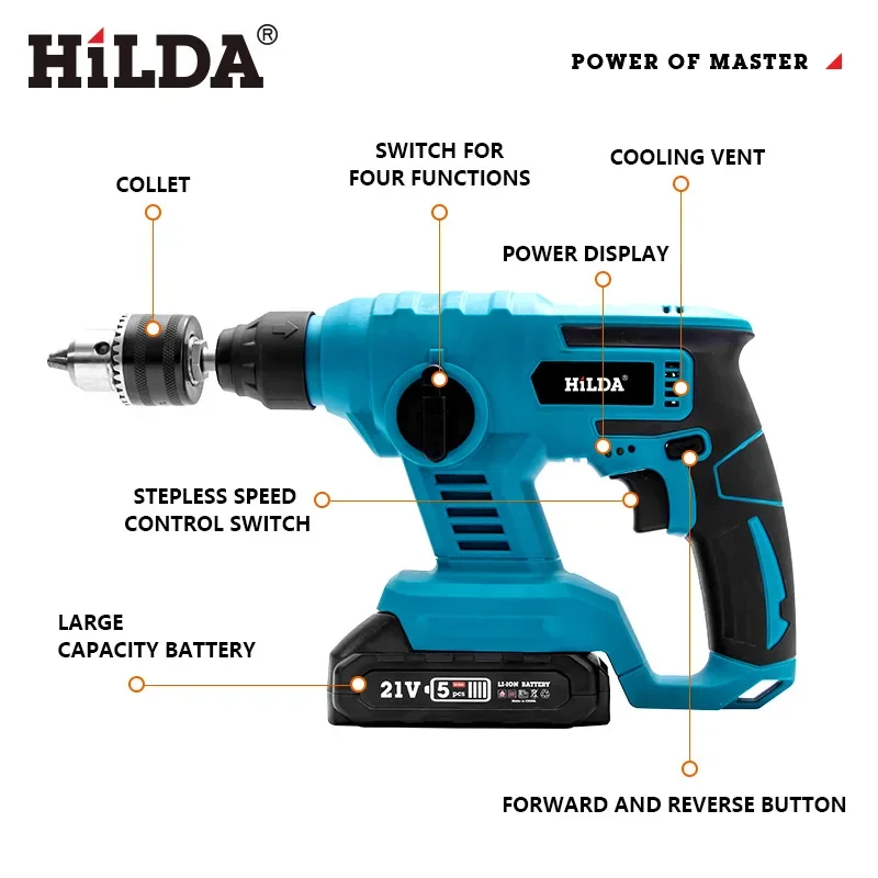 Factory Price Hilda 21V Cordless Power Tools 26mm Lithium Electric Hammer Drill For Concrete Wood Drilling Impact Drill Set