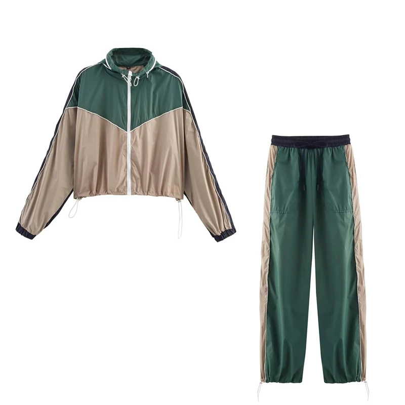 Guobioziy Retro Color-Block Sports Set for Women, Short Zip-Up Jacket with Drawstring Jogger Pants, Street Style Two-Piece Set