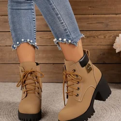 Women Retro Round Toe Chunky Heels Ankle Boots Autumn New High Heels Shoes Woman Lace Up Platform Short Booties Big Size 42