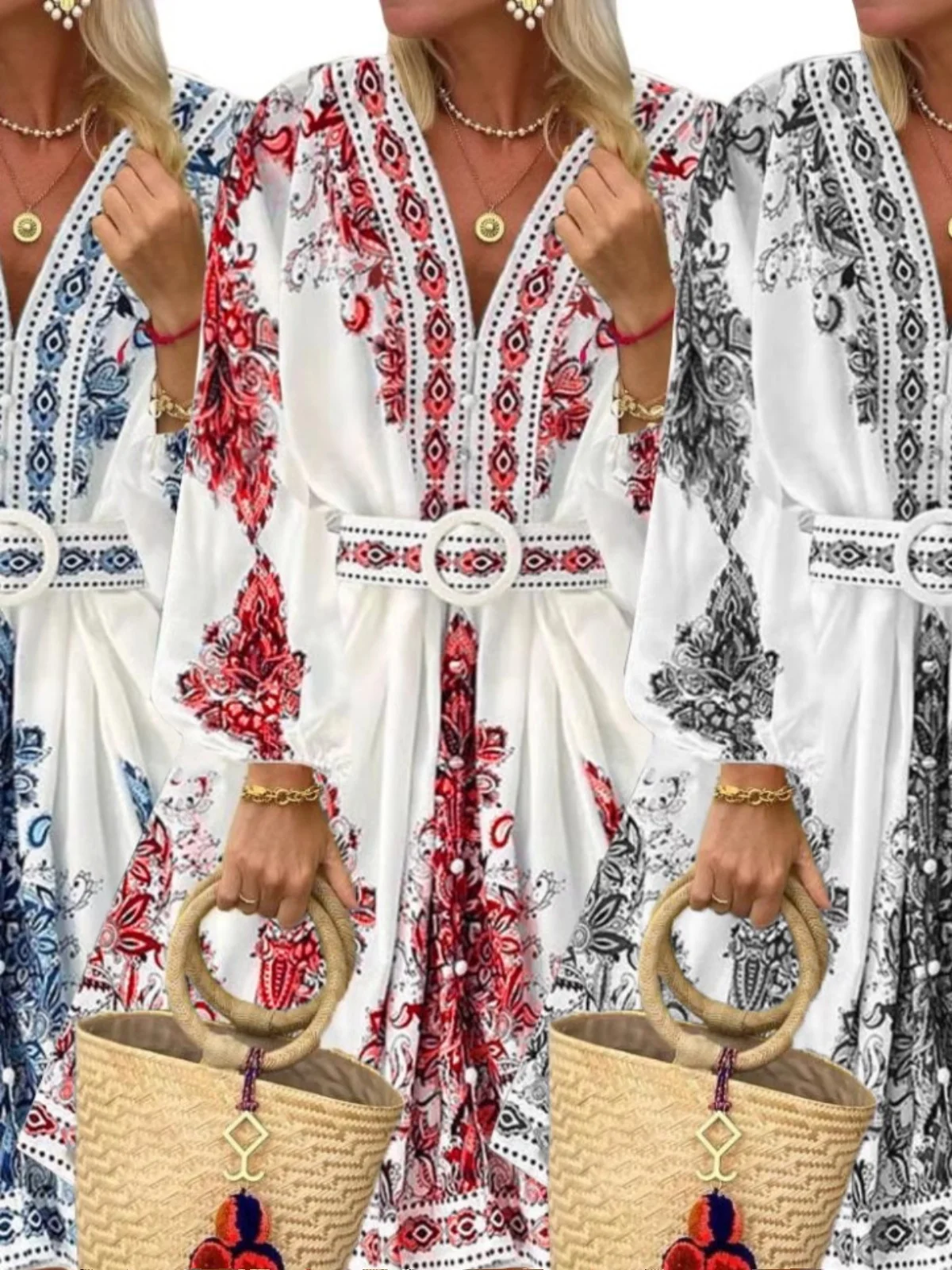 n Sle Long Sve V-Ne Print Midi Dr Women's Faion Sweet Spring Summer New Sle ألياف البوليستر 00% Dr