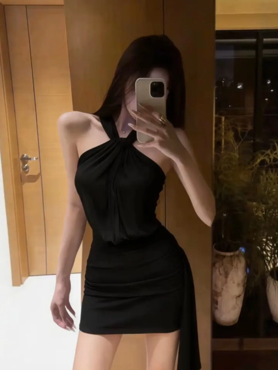 

Sexy Black Wrap Dress Neck Hanging Waist Slimming Summer 2026 Pure Desire Lady Style Short Skirt Bodycon Dress Citywalk