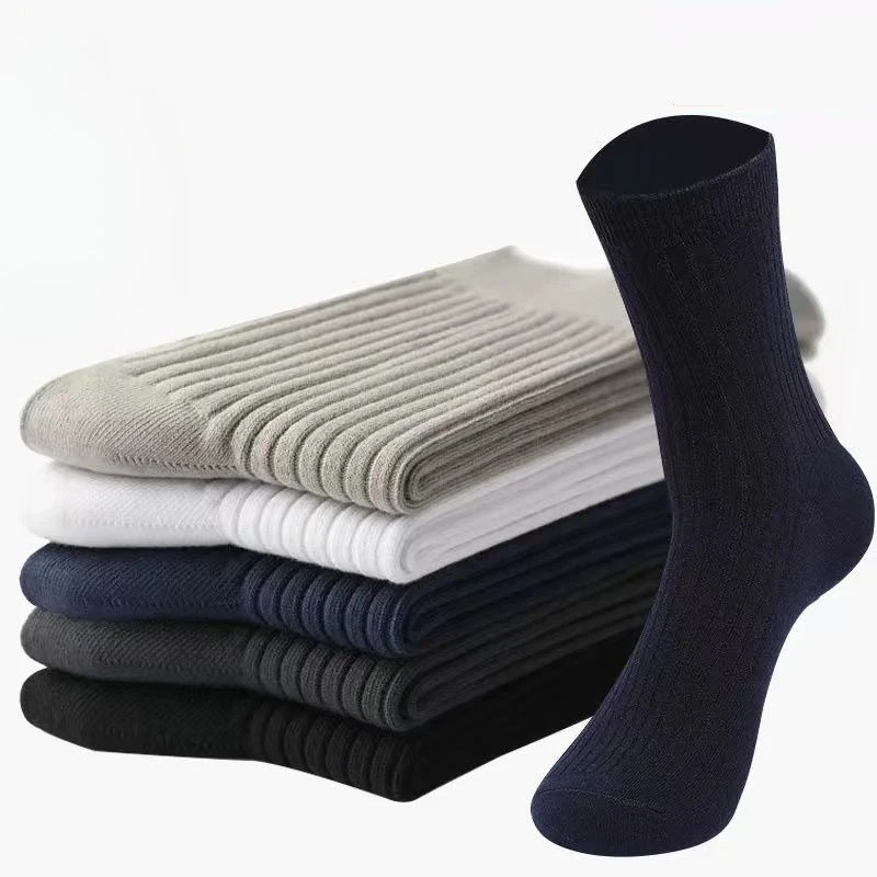 Men's 5 Pairs Classic Ribbed Socks, Thick Warm Business Casual Crew Socks, Soft Cotton Breathable Formal Dress Socks