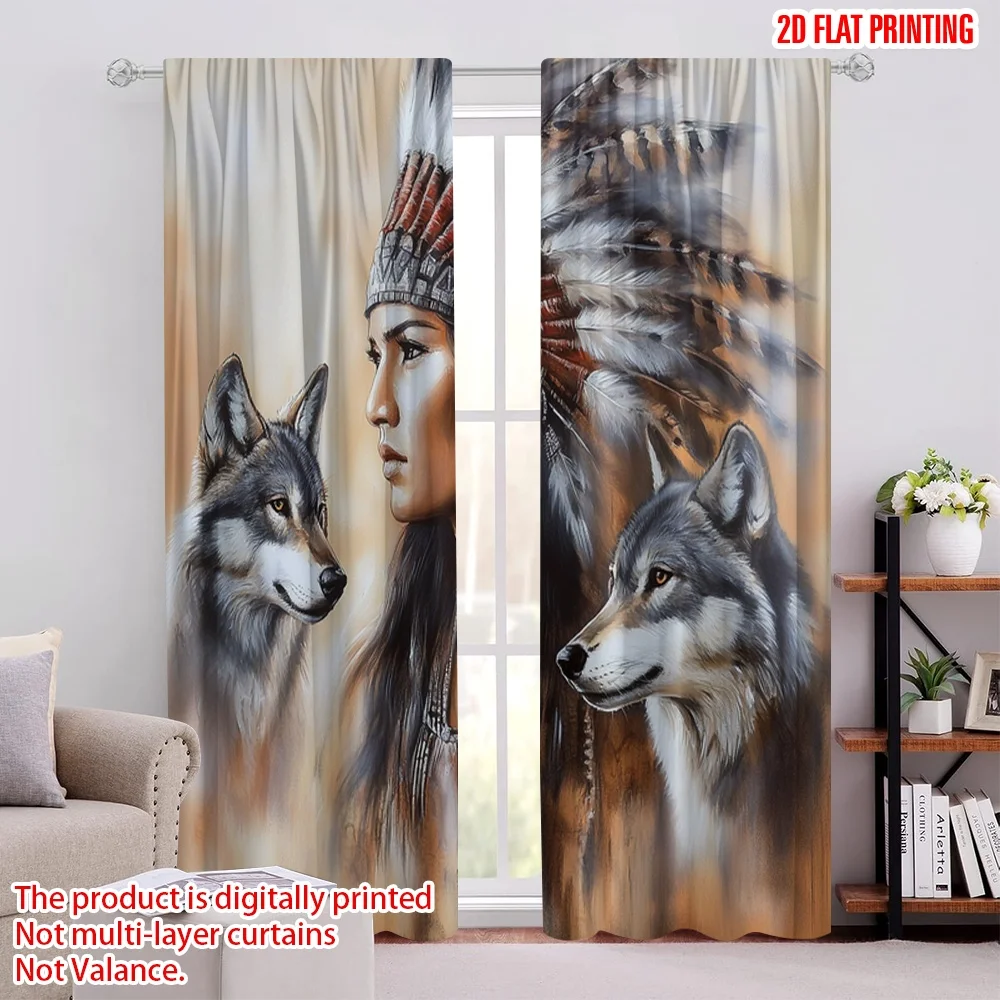 

2Pcs 2D Flat PrintingColorful Curtain Blur Mystic Of Young Native Man Feather Wolves Suitable For Living Room Bedroom Kitchen