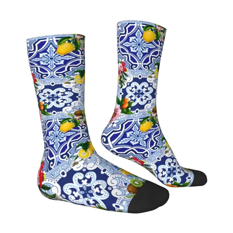 Custom Mediterranean Blue Sicilian Tiles Lemons Mens Crew Socks Unisex Kawaii Spring Summer Autumn Winter Dress Socks