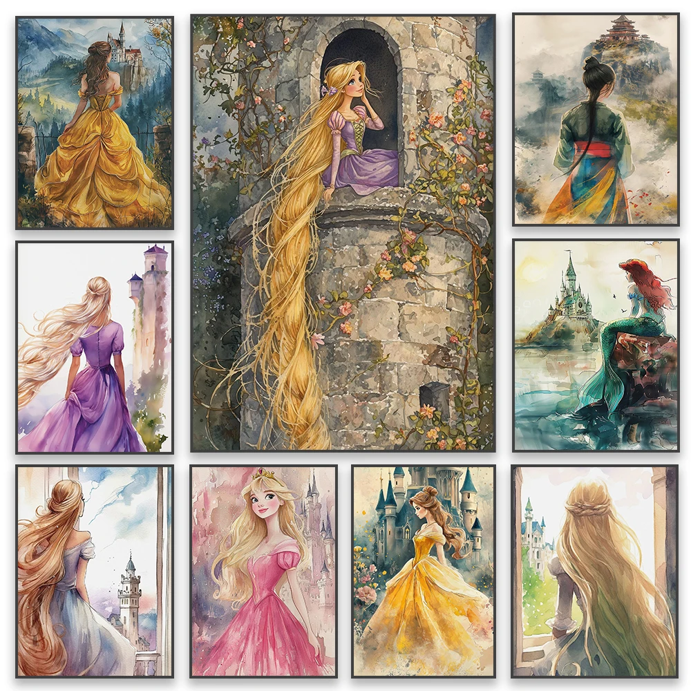 Rapunzel Merida Cinderella Princess Watercolor Art Print Disney Vintage Illustration The Little Mermaid Canvas Painting Decor