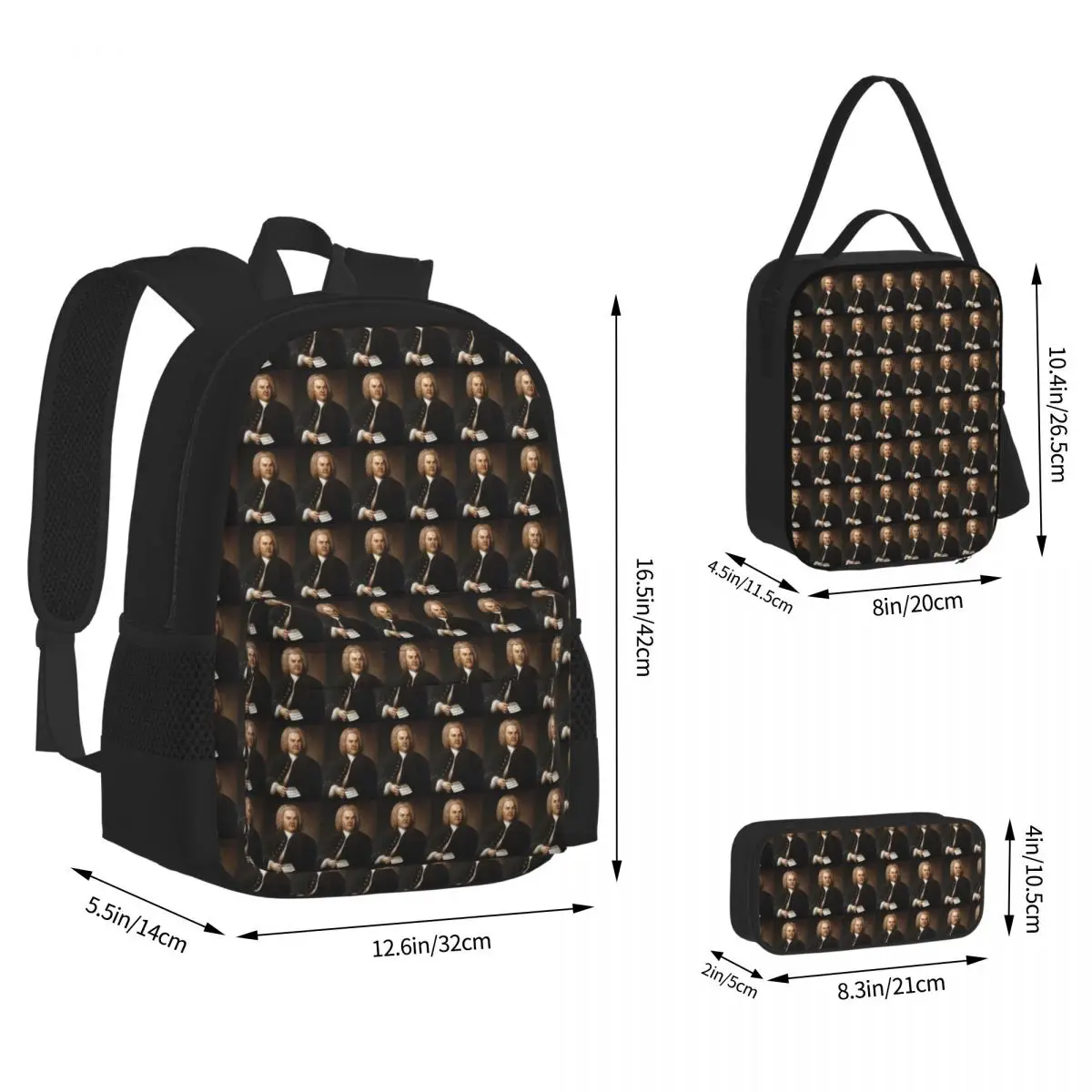 Johann Sebastian Bach, German Composer Backpacks Students School Bags Kids Rucksack Lunch Bag Pen Bag Three-Piece Set
