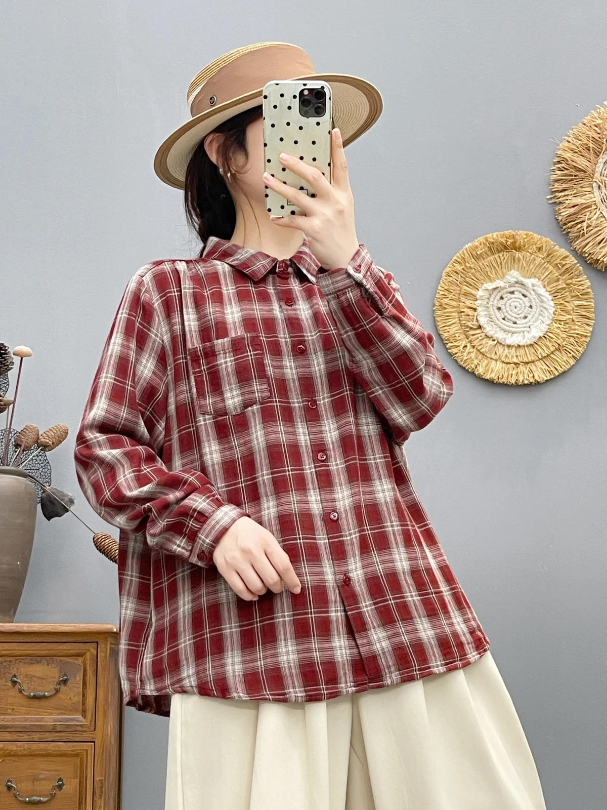 Camisa a cuadros Vintage de hilo de algodón para mujer, camisas a cuadros informales suaves y elegantes, tops de manga larga 2026