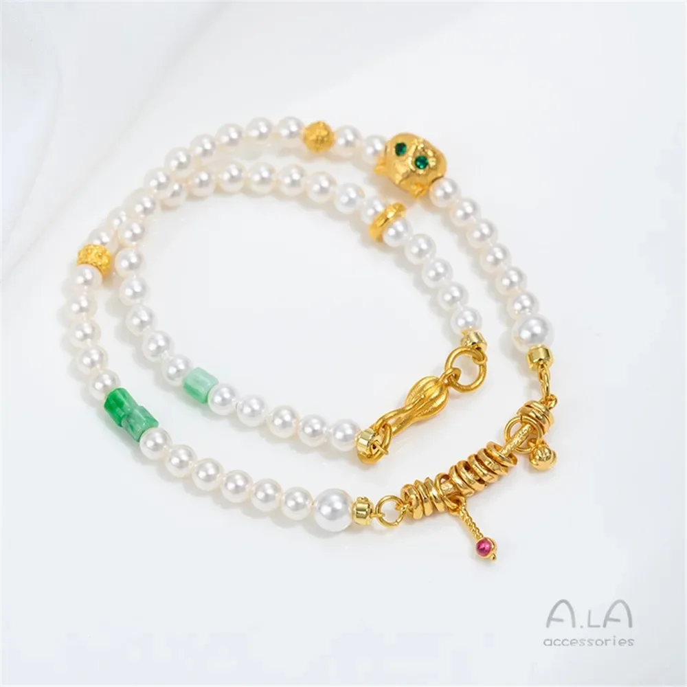 Vietnamese Sand Gold Inlaid Pearl Running Ring Cat Head Bead Compartment Hanging Bead Bell Chain Fringed Pendant Jewelry Accesso
