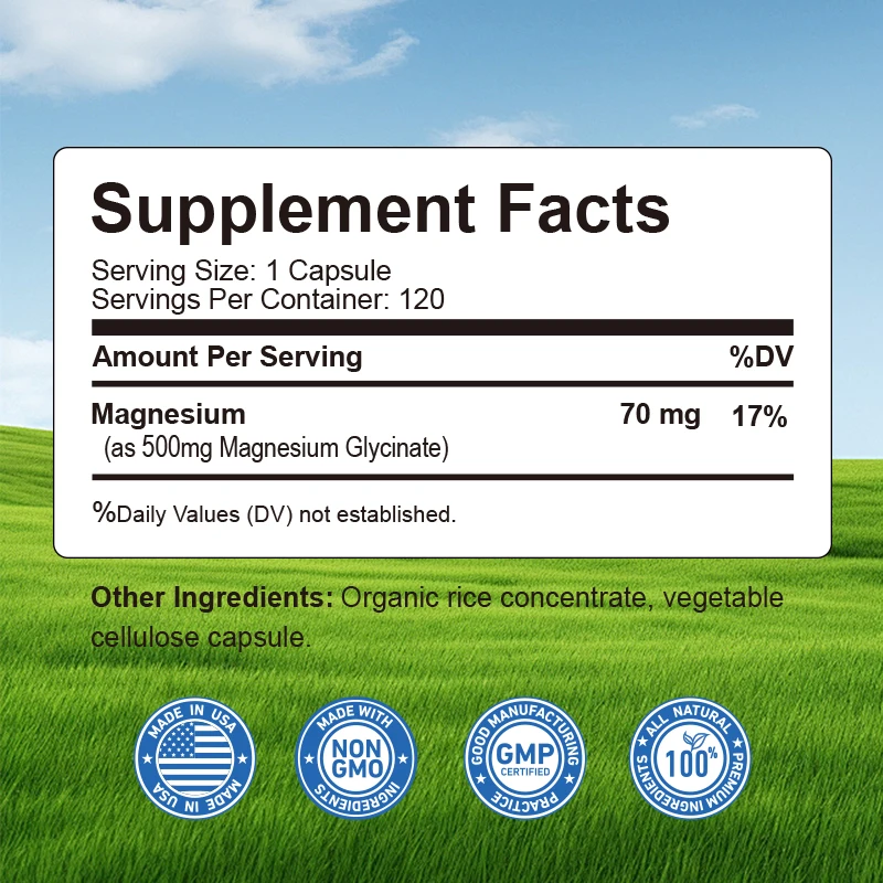 Magnesium Glycinate Capsules - for Muscle, Nerve, Bone and Heart Health, Stress & Anxiety Relief